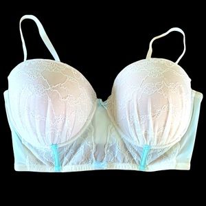 Betsey Johnson White Lacey baby blue trim balconet longline bustier bra 36D